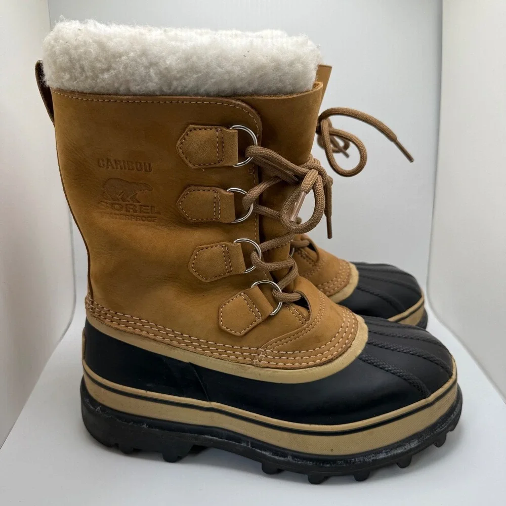 Sorel Caribou Waterproof Winter Snow Boots Men's Tan Suede Fur Lined Lace Up S-7